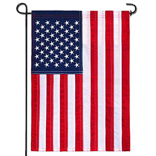 Anley Embroidered Stars US Garden Flag, USA American United States July 4th Independence Day Patriotic Decorative Yard Flags - Sewn Stripes & Double Stitched - 18 x 12.5 Inch