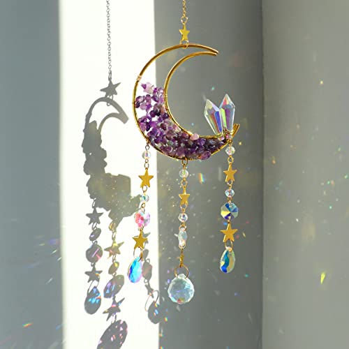 Artilady Moon Suncatcher with Healing Crystals - Prisms Suncatchers Crystal Ball Dream Catcher Wind Chimes Rainbow Maker Sun Catchers Indoor Window Car Charm Garden Outdoor Decor for Mom