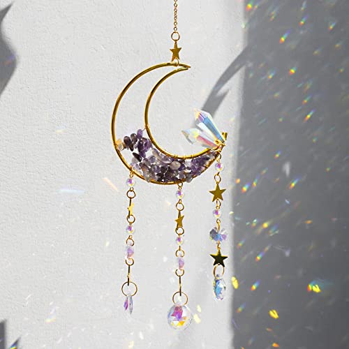 Artilady Moon Suncatcher with Healing Crystals - Prisms Suncatchers Crystal Ball Dream Catcher Wind Chimes Rainbow Maker Sun Catchers Indoor Window Car Charm Garden Outdoor Decor for Mom