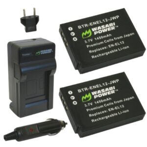 wasabi power battery (2-pack) and charger for nikon en-el12 and nikon coolpix aw100, aw100s, aw110, aw110s, p300, p310, p330, s31, s70, s610, s620, s630, s640, s800c, s1000pj, s1100pj, s1200pj, s6000, s6100, s6150, s6200, s6300, s8000, s8100, s8200, s9050