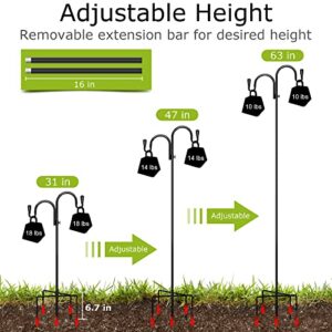 PEEKI Double Shepherds Hook, Adjustable Bird Feeder Pole for Outside with 5-Prong Base, Heavy Duty Garden Shepards Hooks for Outdoor Plant Hanger, Hummingbird Feeder Stand (63” Overall Height, 1-Pack)