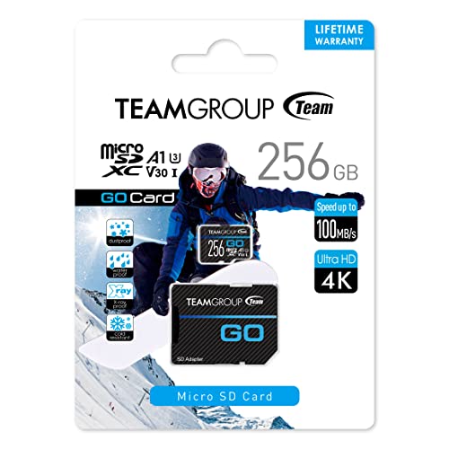 TEAMGROUP GO Card 256GB Micro SDXC UHS-I U3 V30 4K for GoPro & Drone & Action Cameras High Speed Flash Memory Card with Adapter for Outdoor, Sports, 4K Shooting, Nintendo-Switch TGUSDX256GU303