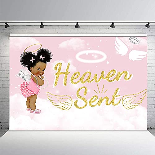 MEHOFOTO 7x5ft Heaven Sent Girl Baby Shower Party Backdrop Props Light Pink Sky White Cloud Angel Wing Decorations God Gift Photography Background Photo Banner for Dessert Table Supplies