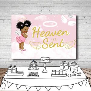 MEHOFOTO 7x5ft Heaven Sent Girl Baby Shower Party Backdrop Props Light Pink Sky White Cloud Angel Wing Decorations God Gift Photography Background Photo Banner for Dessert Table Supplies