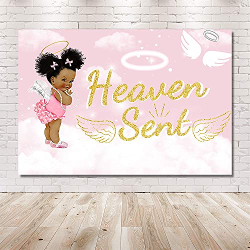 MEHOFOTO 7x5ft Heaven Sent Girl Baby Shower Party Backdrop Props Light Pink Sky White Cloud Angel Wing Decorations God Gift Photography Background Photo Banner for Dessert Table Supplies