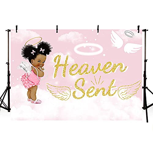 MEHOFOTO 7x5ft Heaven Sent Girl Baby Shower Party Backdrop Props Light Pink Sky White Cloud Angel Wing Decorations God Gift Photography Background Photo Banner for Dessert Table Supplies