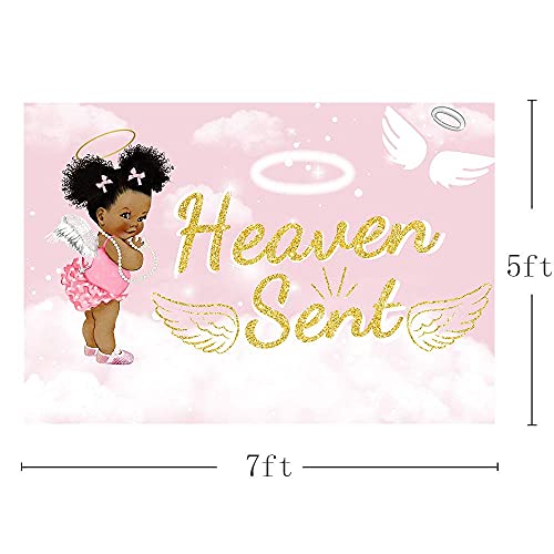 MEHOFOTO 7x5ft Heaven Sent Girl Baby Shower Party Backdrop Props Light Pink Sky White Cloud Angel Wing Decorations God Gift Photography Background Photo Banner for Dessert Table Supplies