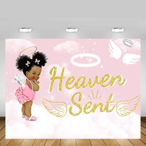 MEHOFOTO 7x5ft Heaven Sent Girl Baby Shower Party Backdrop Props Light Pink Sky White Cloud Angel Wing Decorations God Gift Photography Background Photo Banner for Dessert Table Supplies