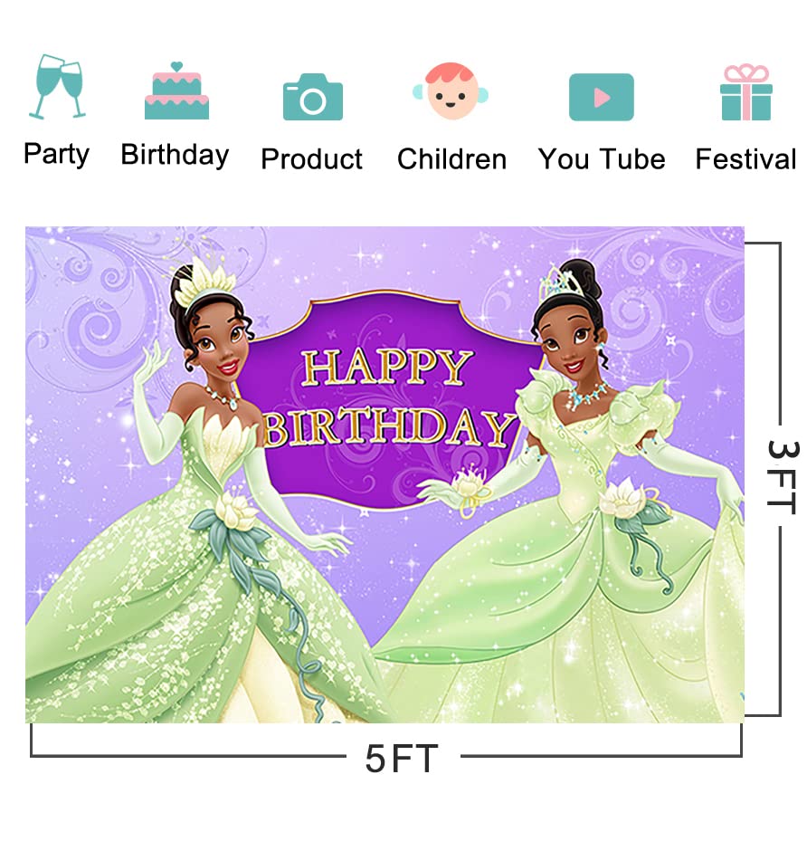 Princess Tiana Backdrop for Birthday Party Supplies 5x3ft Princess and The Frog Photo Backgrounds Tiana Theme Baby Shower Banner for Birthday Cake Table Decoration