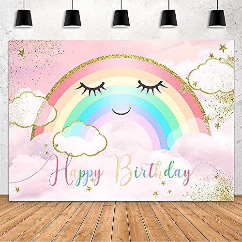 MEHOFOND Rainbow Birthday Backdrop Pink and Gold Smile Rainbow Cloud Birthday Party Decorations Supplies for Girl Princess Photography Background Banner Cake Table Photo Shoot Studio Props Vinyl 7x5ft