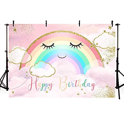 MEHOFOND Rainbow Birthday Backdrop Pink and Gold Smile Rainbow Cloud Birthday Party Decorations Supplies for Girl Princess Photography Background Banner Cake Table Photo Shoot Studio Props Vinyl 7x5ft