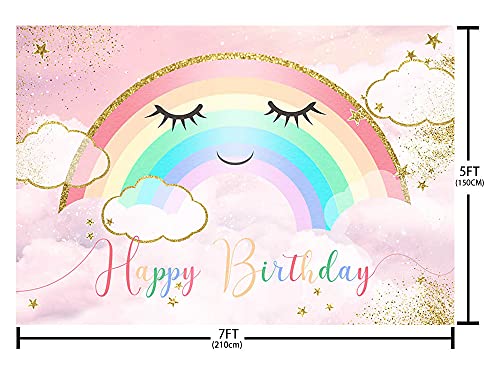 MEHOFOND Rainbow Birthday Backdrop Pink and Gold Smile Rainbow Cloud Birthday Party Decorations Supplies for Girl Princess Photography Background Banner Cake Table Photo Shoot Studio Props Vinyl 7x5ft