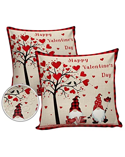 Vandarllin Outdoor Throw Pillows Covers 18X18 Set of 2 Waterproof Happy Valentine's Day Decorative Zippered Lumbar Cushion Covers for Patio Furniture, Gnomes Love Heart Tree