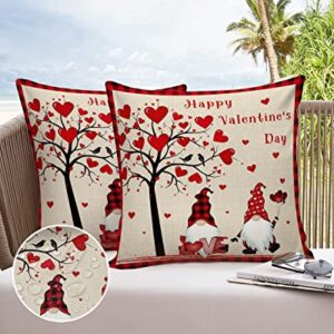 Vandarllin Outdoor Throw Pillows Covers 18X18 Set of 2 Waterproof Happy Valentine's Day Decorative Zippered Lumbar Cushion Covers for Patio Furniture, Gnomes Love Heart Tree