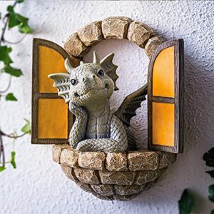 Eita Courtyard Dragon Carving Ornament Dragon Gate Statue Resin Garden Dragon Statue Dragon Meditating by The Window Garden Dragon Sculpture Decorative Dragon (Happy Dragon No. 2)