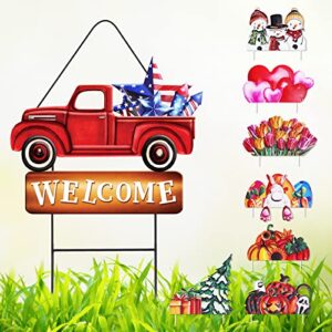 whaline 4th of july metal yard stakes patriotic yard sign spring welcome garden stake interchangeable red truck garden decor set with seasonal sign loads for spring fall halloween christmas, set of 9