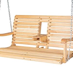 GDLF 4FT Porch Swing Chair Garden Patio Swing Bench Solid Wood Hanging Bench with Foldable Cupholder Heavy Duty Chains