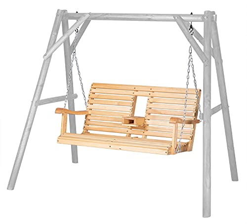 GDLF 4FT Porch Swing Chair Garden Patio Swing Bench Solid Wood Hanging Bench with Foldable Cupholder Heavy Duty Chains