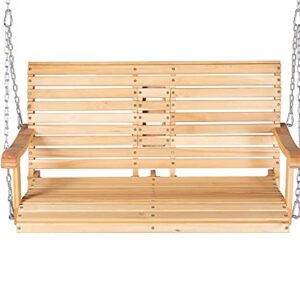 GDLF 4FT Porch Swing Chair Garden Patio Swing Bench Solid Wood Hanging Bench with Foldable Cupholder Heavy Duty Chains