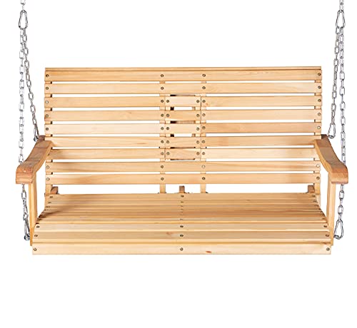 GDLF 4FT Porch Swing Chair Garden Patio Swing Bench Solid Wood Hanging Bench with Foldable Cupholder Heavy Duty Chains