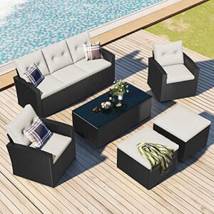 EMKK 6-Piece Outdoor Patio Furniture Set,All-Weather Wicker Pe Rattan Dining Conversation Sectional with Coffee Table, Ottomans, Removable Cushions (Black+Beige)