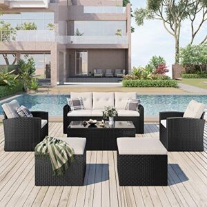 emkk 6-piece outdoor patio furniture set,all-weather wicker pe rattan dining conversation sectional with coffee table, ottomans, removable cushions (black+beige)