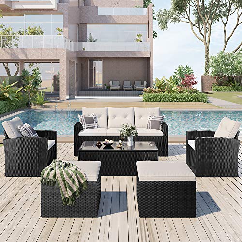 EMKK 6-Piece Outdoor Patio Furniture Set,All-Weather Wicker Pe Rattan Dining Conversation Sectional with Coffee Table, Ottomans, Removable Cushions (Black+Beige)