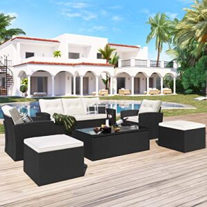 EMKK 6-Piece Outdoor Patio Furniture Set,All-Weather Wicker Pe Rattan Dining Conversation Sectional with Coffee Table, Ottomans, Removable Cushions (Black+Beige)