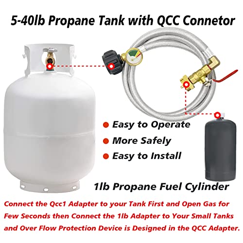 GardenNow Upgraded 48" Stainless Braided QCC1 Type Inlet Propane Refill Adapter Hose Extension Propane Refill Hose with Gauge ON/Off Control Valve for 1LB Propane Gas Tank 350PSI High Pressure Camping