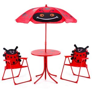costzon kids table and 2 chair set, ladybug folding picnic table set with removable umbrella for indoor outdoor garden patio, gift for children boys & girls