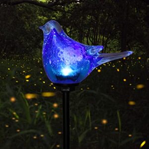 Afirst Solar Bluebird Garden Stake Lights - Hand Blown Glass Decorative Garden Pathway Lights Outdoor Waterproof Bird Glass Stakes