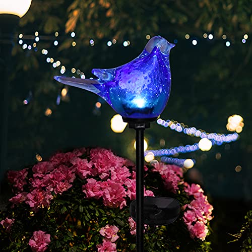 Afirst Solar Bluebird Garden Stake Lights - Hand Blown Glass Decorative Garden Pathway Lights Outdoor Waterproof Bird Glass Stakes