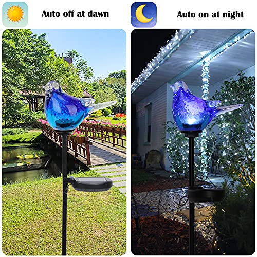 Afirst Solar Bluebird Garden Stake Lights - Hand Blown Glass Decorative Garden Pathway Lights Outdoor Waterproof Bird Glass Stakes