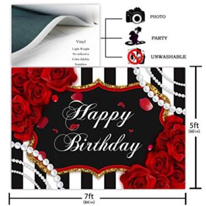 Avezano Red Rose Birthday Backdrop for 7x5ft Red Roses Flowers Pearl Black and White Stripes Happy Birthday Photography Background for Girl Women Decorations Banner Photo Booth Supplies