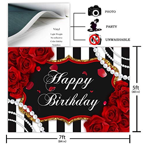 Avezano Red Rose Birthday Backdrop for 7x5ft Red Roses Flowers Pearl Black and White Stripes Happy Birthday Photography Background for Girl Women Decorations Banner Photo Booth Supplies