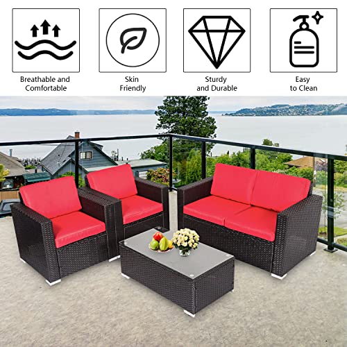 KINBOR BABY 4 PCS Patio Furniture Set-Porch Furniture, Patio Conversation Sets with Washable Cushions and Tea Table for Backyard Pool (Red)