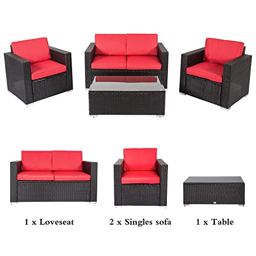 KINBOR BABY 4 PCS Patio Furniture Set-Porch Furniture, Patio Conversation Sets with Washable Cushions and Tea Table for Backyard Pool (Red)