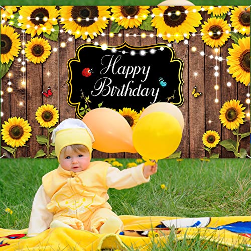 Sunflower Happy Birthday Party Decorations Rustic Wood Photography Butterfly Sunflower Backdrop Banner Background for Indoor Outdoor Birthday Party Baby Shower Decor Supplies