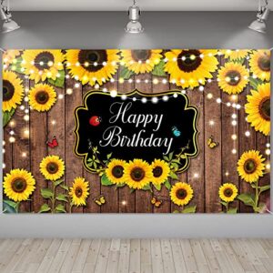 Sunflower Happy Birthday Party Decorations Rustic Wood Photography Butterfly Sunflower Backdrop Banner Background for Indoor Outdoor Birthday Party Baby Shower Decor Supplies