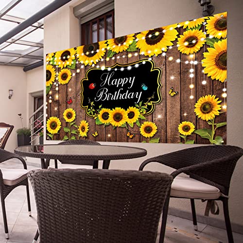 Sunflower Happy Birthday Party Decorations Rustic Wood Photography Butterfly Sunflower Backdrop Banner Background for Indoor Outdoor Birthday Party Baby Shower Decor Supplies