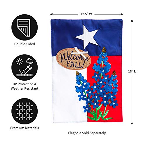 Evergreen Welcome Y'All Texas State Garden Size Flag Bluebonnets | 3D Applique & Double Sided Stitched | 18-in x 12.5-in | Lone Star | Welcome Outdoor Home Décor Lawn Yard Patio Deck Porch