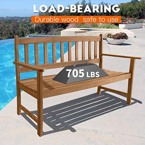 Wood Patio Bench Park Garden Bench Acacia Wood Outdoor Bench with Armrests, 705Lbs Weight Capacity Wooden Furniture Front Porch Chair Bench for Pool Beach Backyard Balcony Porch Deck, Natural Oiled