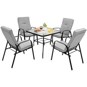tangkula 5 piece patio dining set, outdoor 35 inches square tempered glass table with 1.65 inches umbrella hole and 4 stackable dining cushioned chairs, suitable for poolside, backyard, garden