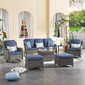 xizzi patio furniture sets 7 pieces outdoor furniture all weather wicker conversation set with 360 degree swivel rocking chairs and matching side table,grey wicker denim blue