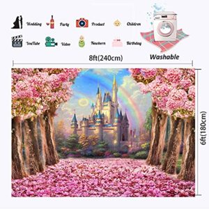 Dreamy Castle Backdrop 8x6ft Pink Sweet Sakura Flowers Tree Washable Polyester Photography Background Wedding Birthday Party Photo Studio Props YL068