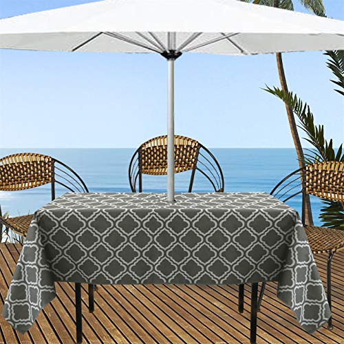 JLDTOP Outdoor Tablecloth with Umbrella Hole Waterproof, Spillproof Polyester Fabric Durable Patio Umbrella Tablecloth with Zipper for Patio Garden Tabletop Decor (60" x 84" Rectangle, Grey Pattern)