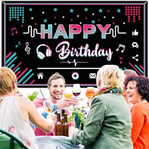 Music Happy Birthday Party Backdrop Musical Social Media Birthday Party Supplies Social Media Photography Background Large Fabric Banner for Teens, 73 x 43 Inches