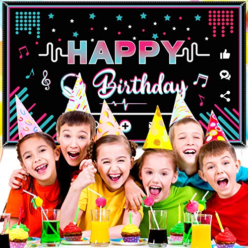 Music Happy Birthday Party Backdrop Musical Social Media Birthday Party Supplies Social Media Photography Background Large Fabric Banner for Teens, 73 x 43 Inches