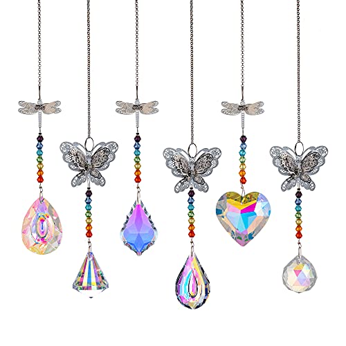 6pcs Crystal Suncatchers with Crystal Prisms Dragonflies and Butterflies Rainbow Maker Chandelier Pendant Garden Hanging Sunlight Catcher Ornament for Home Cars Decoration