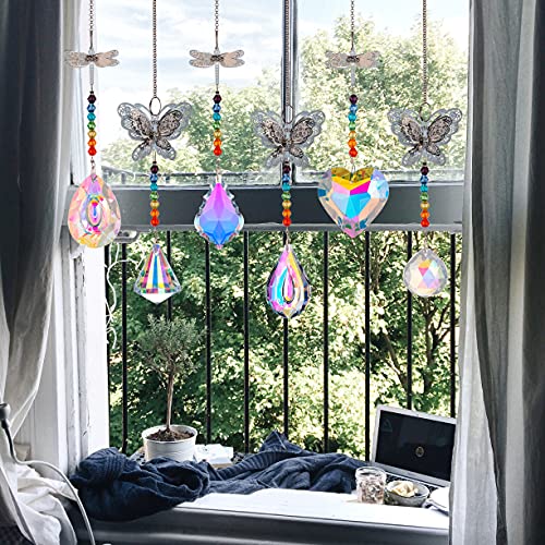 6pcs Crystal Suncatchers with Crystal Prisms Dragonflies and Butterflies Rainbow Maker Chandelier Pendant Garden Hanging Sunlight Catcher Ornament for Home Cars Decoration